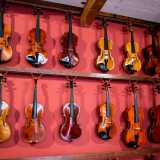 Mentre su una parete rossa sono appoggiati degli splendidi esemplari di violoncelli, viole e violini, alcuni da resturare, altri pronti per essere venduti anche a migliaia di euro